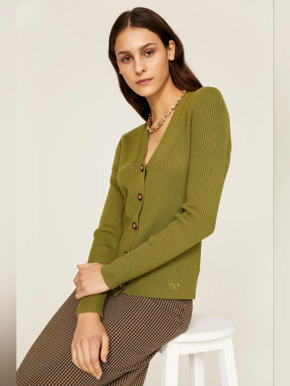 Tory Burch Merino Wool Olive Green Ribbed V-Neck Cardigan Size S